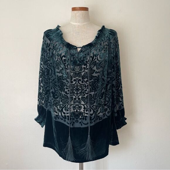 Sundance Green floral burnout off the shoulder sheer blouse top Small - Picture 1 of 7